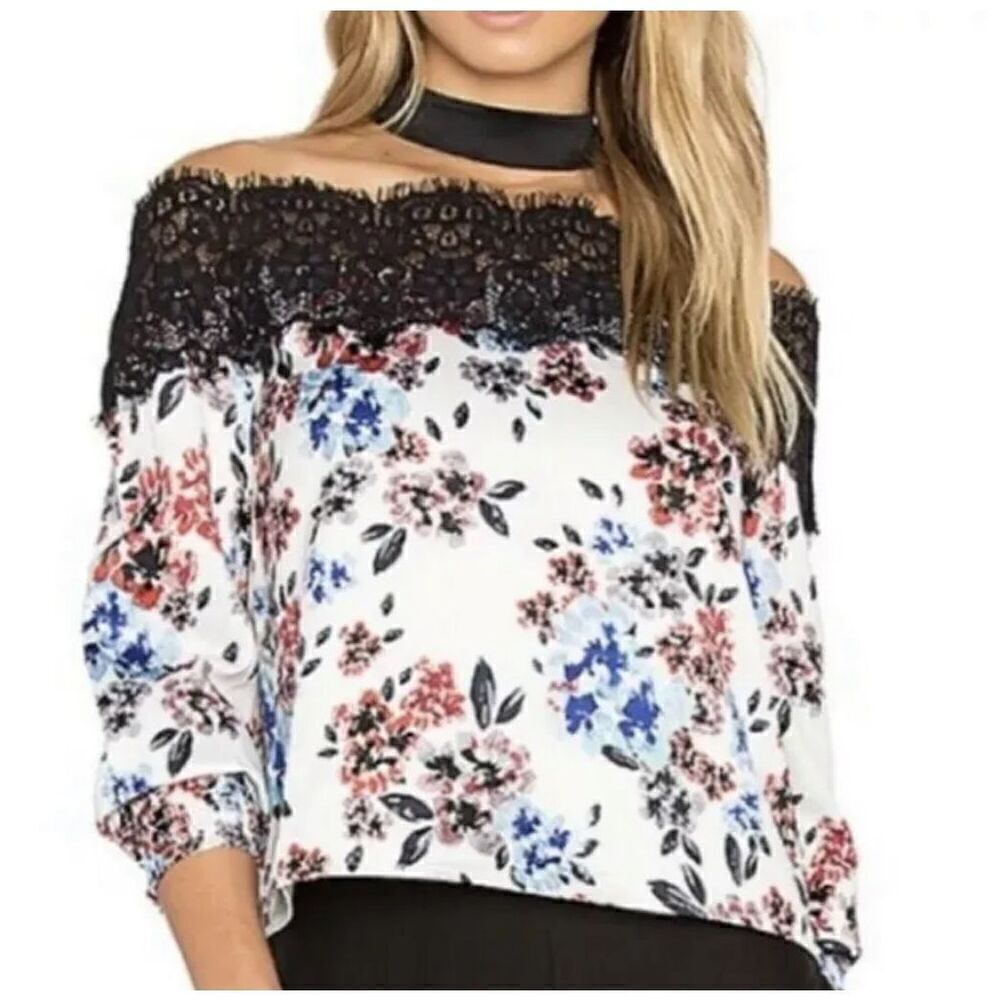 Women’s NBD Revolve White Floral Black Lace Blouse Sz:S